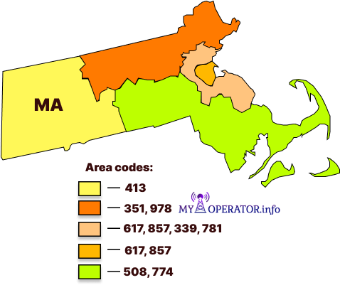 Massachusetts, MA area codes map