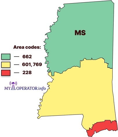 Mississippi, MS area codes map